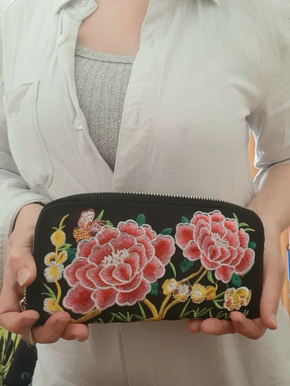 Unique Coquette Embroidered Floral Zip Wallet - Black with Pink Flowers - Picture 12 of 15